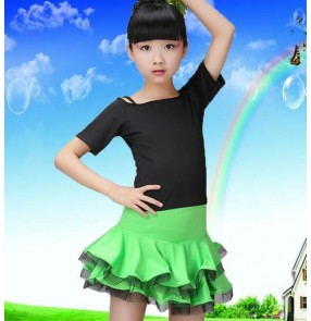 Black neon green fuchsia skirts short sleeves patchwork girls kids child children performance latin salsa cha dance dresses set 